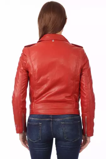 women's red lambskin leather biker jacket classic moto zip style exclusive