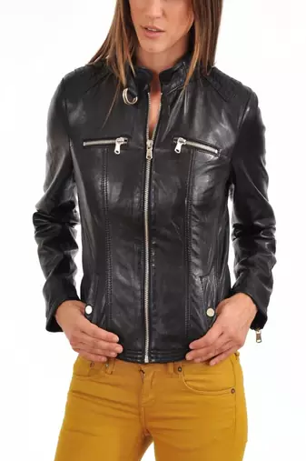 Womens genuine lambskin black leather motorcycle slim fit ladies biker jacket-c35