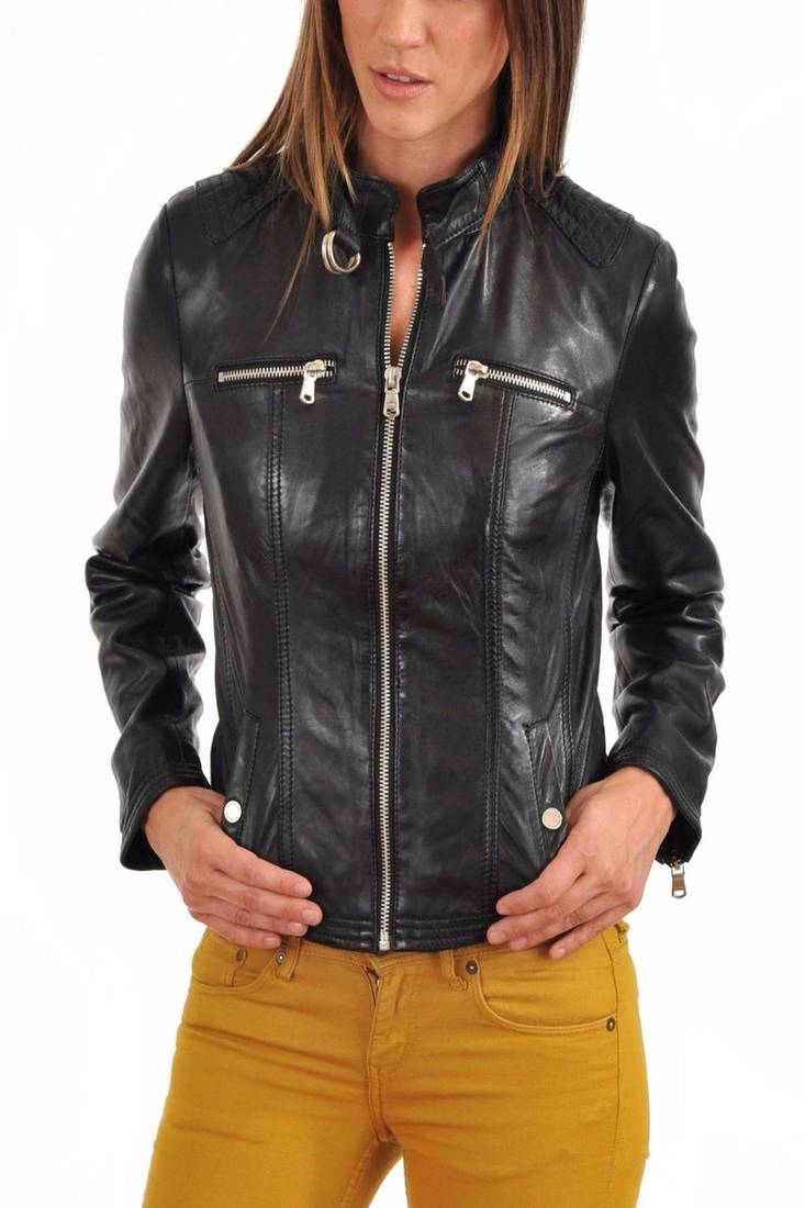 Womens genuine lambskin black leather motorcycle slim fit ladies biker jacket-c35