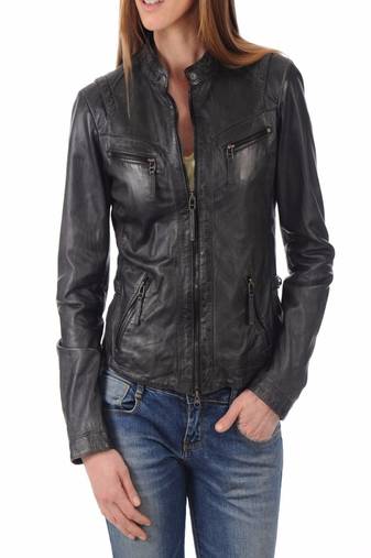 Womens genuine lambskin black leather motorcycle slim fit ladies biker jacket-c36