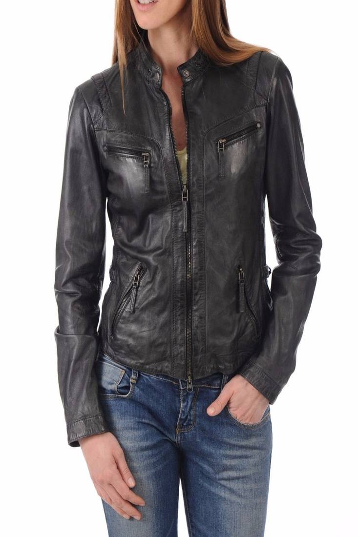 Womens genuine lambskin black leather motorcycle slim fit ladies biker jacket-c36