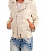 Womens genuine lambskin cream  leather motorcycle slim fit ladies biker jacket-c37