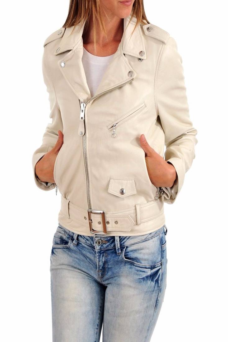 Womens genuine lambskin cream  leather motorcycle slim fit ladies biker jacket-c37
