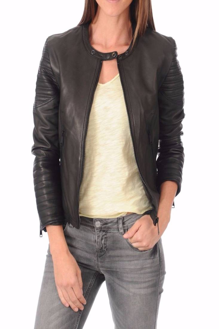Womens genuine lambskin black leather motorcycle slim fit ladies biker jacket-c39