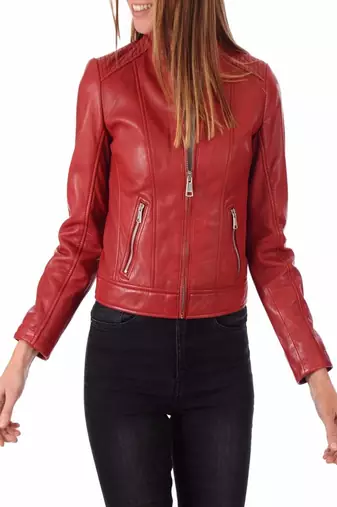 Womens genuine lambskin red leather motorcycle slim fit ladies biker jacket-c40