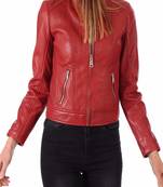 women's red lambskin leather biker jacket classic moto zip style modern
