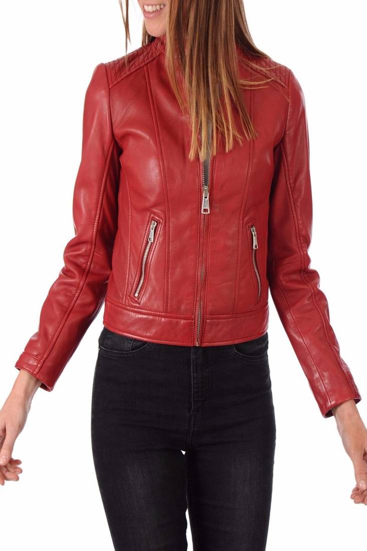 Womens genuine lambskin red leather motorcycle slim fit ladies biker jacket-c40