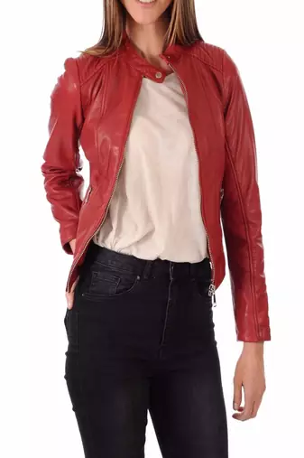 women's red lambskin leather biker jacket classic moto zip style modern