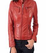 women's red lambskin leather biker jacket classic moto zip style stylish