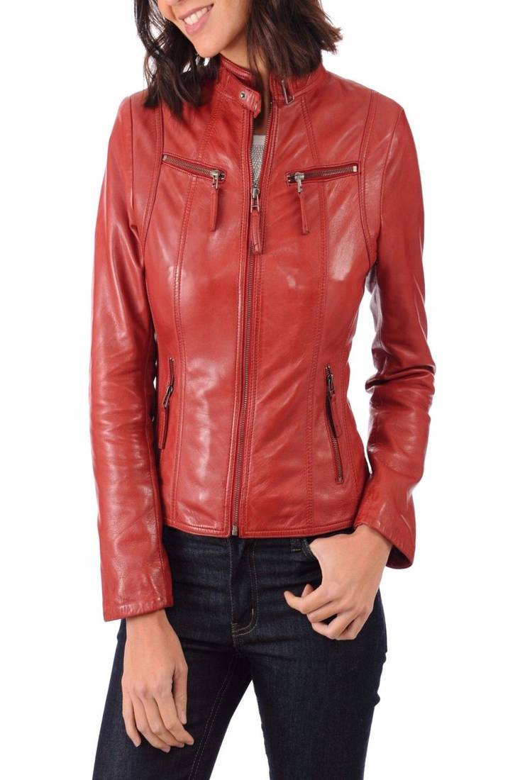Womens genuine lambskin red leather motorcycle slim fit ladies biker jacket-c41