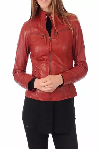 women's red lambskin leather biker jacket classic moto zip style stylish
