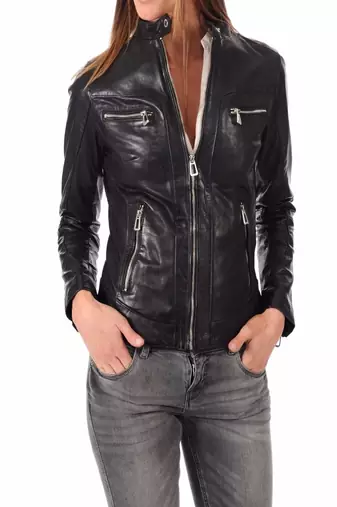 Womens genuine lambskin black leather motorcycle slim fit ladies biker jacket-c42
