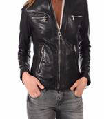 women's black lambskin leather biker jacket classic moto zip style deluxe