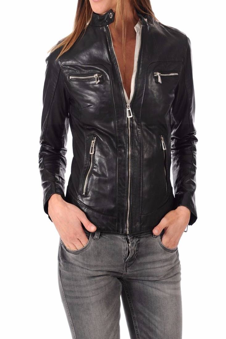 Womens genuine lambskin black leather motorcycle slim fit ladies biker jacket-c42