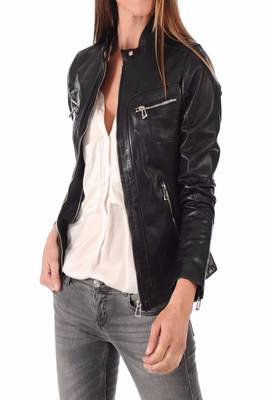 women's black lambskin leather biker jacket classic moto zip style deluxe 2