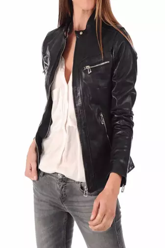 women's black lambskin leather biker jacket classic moto zip style deluxe