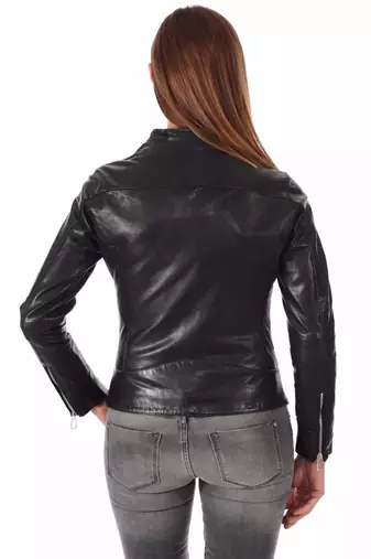 women's black lambskin leather biker jacket classic moto zip style deluxe