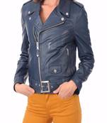 women's navy blue lambskin leather biker jacket classic moto zip exclusive