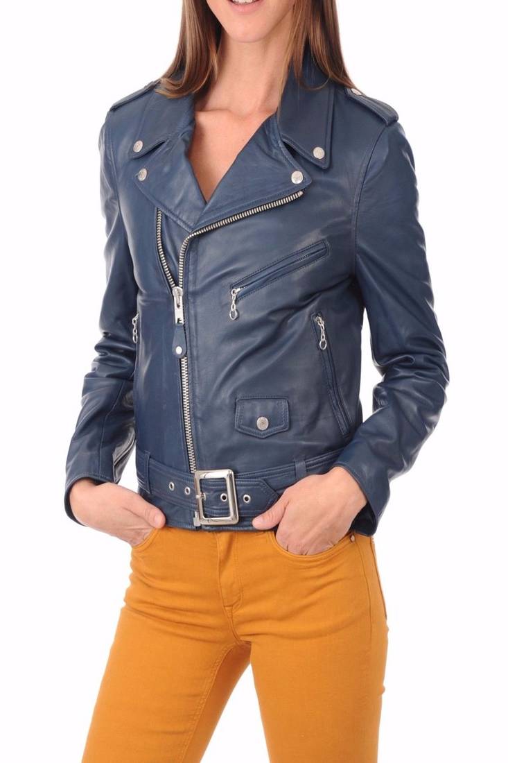 Womens genuine lambskin navy blue leather motorcycle slim fit ladies biker jacket-c43