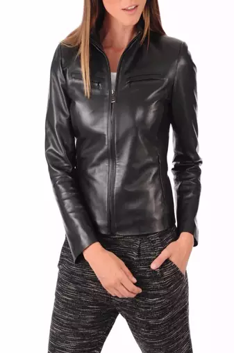 Womens genuine lambskin black leather motorcycle slim fit ladies biker jacket-c44