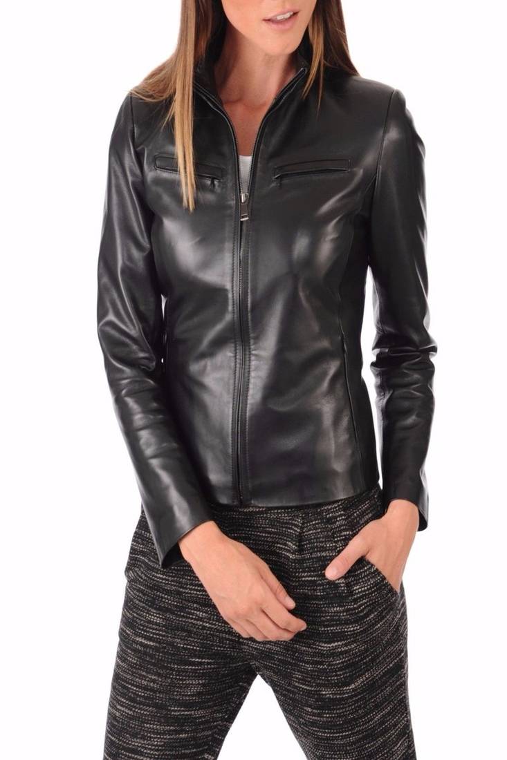 Womens genuine lambskin black leather motorcycle slim fit ladies biker jacket-c44