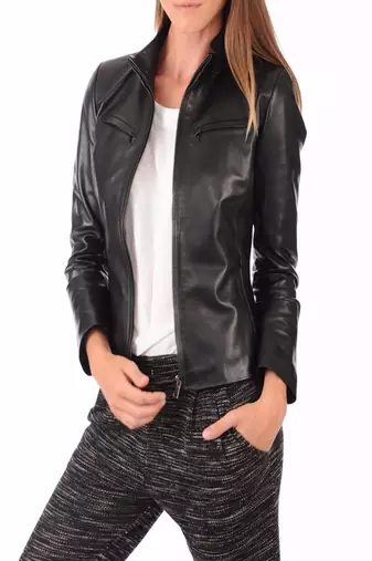 women's black lambskin leather biker jacket classic moto zip style elite