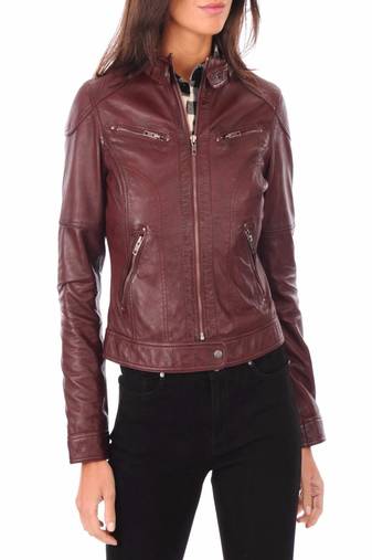 Womens genuine lambskin maroon leather motorcycle slim fit ladies biker jacket-c45