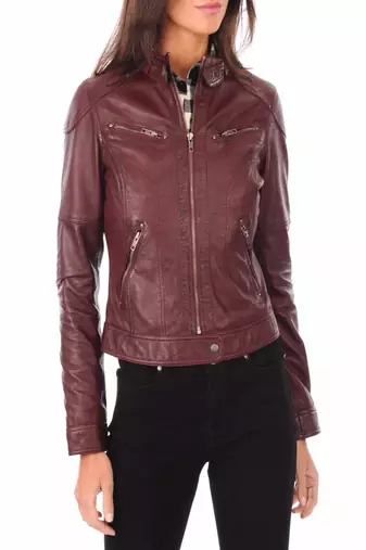 Womens genuine lambskin maroon leather motorcycle slim fit ladies biker jacket-c45