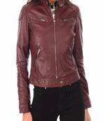 women's maroon lambskin leather biker jacket classic moto zip style exclusive