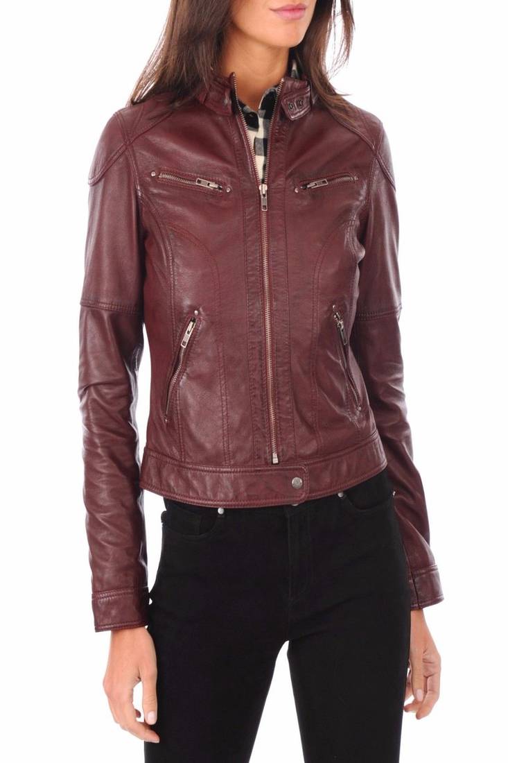 Womens genuine lambskin maroon leather motorcycle slim fit ladies biker jacket-c45