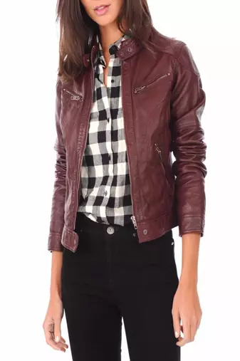women's maroon lambskin leather biker jacket classic moto zip style exclusive