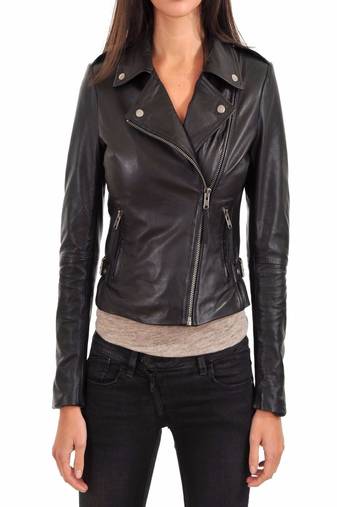 Womens genuine lambskin black leather motorcycle slim fit ladies biker jacket-c46
