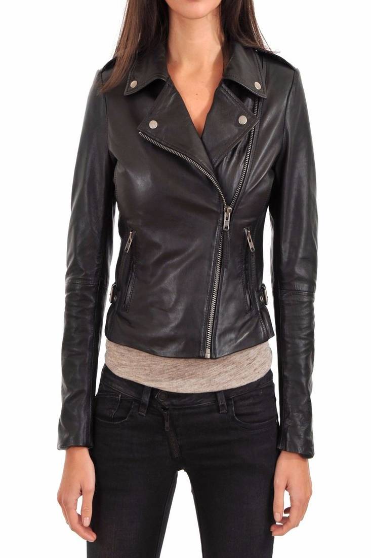 Womens genuine lambskin black leather motorcycle slim fit ladies biker jacket-c46
