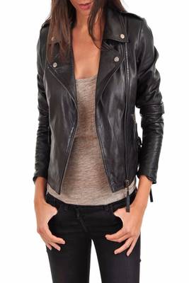 women's black lambskin leather biker jacket classic moto zip style select 2