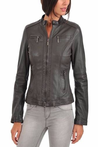 Womens genuine lambskin grey leather motorcycle slim fit ladies biker jacket-c48