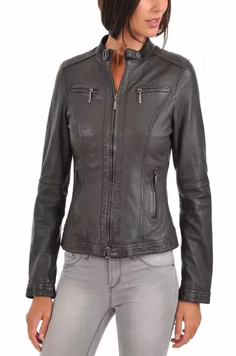 Womens genuine lambskin grey leather motorcycle slim fit ladies biker jacket-c48