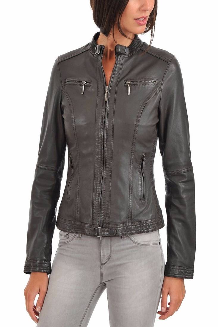 Womens genuine lambskin grey leather motorcycle slim fit ladies biker jacket-c48