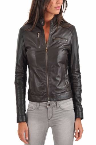 Womens genuine lambskin black leather motorcycle slim fit ladies biker jacket-c49