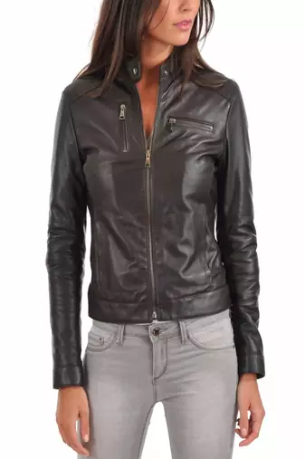 Womens genuine lambskin black leather motorcycle slim fit ladies biker jacket-c49