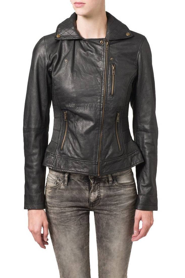 Womens genuine lambskin black leather motorcycle slim fit ladies biker jacket-c50