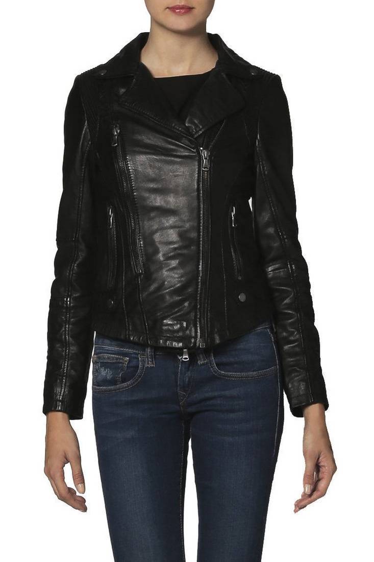 Womens genuine lambskin black leather motorcycle slim fit ladies biker jacket-c51