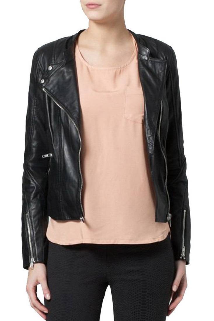 Womens genuine lambskin black leather motorcycle slim fit ladies biker jacket-c52