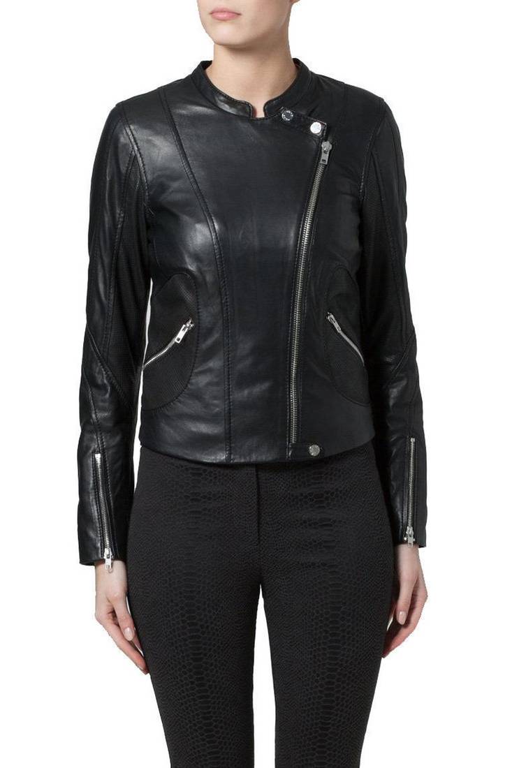 Womens genuine lambskin black leather motorcycle slim fit ladies biker jacket-c53
