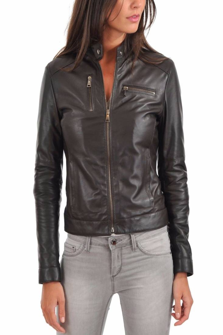 Womens genuine lambskin black leather motorcycle slim fit ladies biker jacket-c54