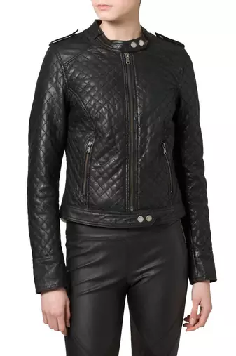 Womens genuine lambskin black leather motorcycle slim fit quilted biker jacket-c56