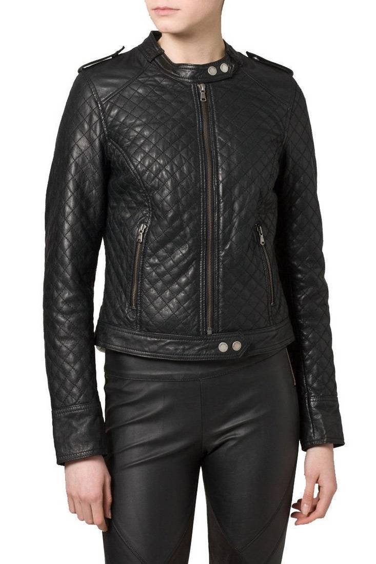 Womens genuine lambskin black leather motorcycle slim fit quilted biker jacket-c56