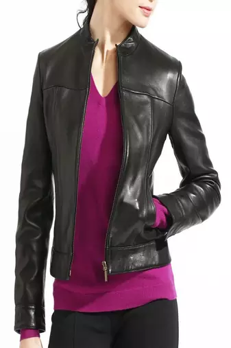 Womens genuine lambskin black leather motorcycle slim fit ladies biker jacket-c57