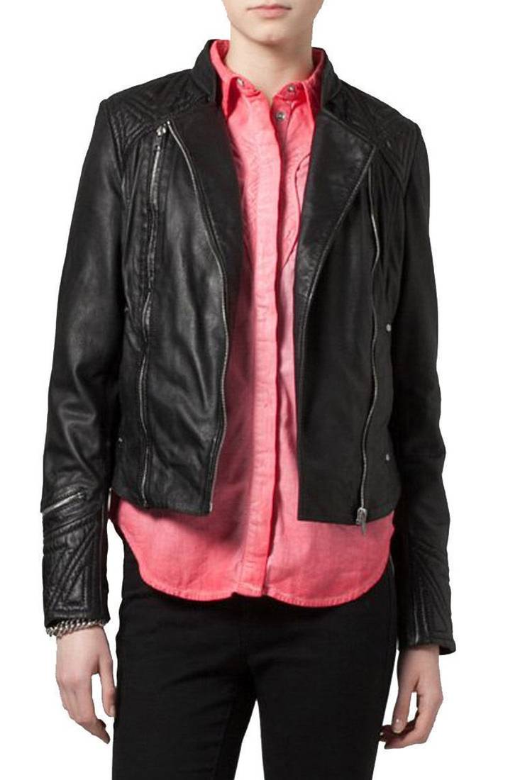 Womens genuine lambskin black leather motorcycle slim fit ladies biker jacket-c62