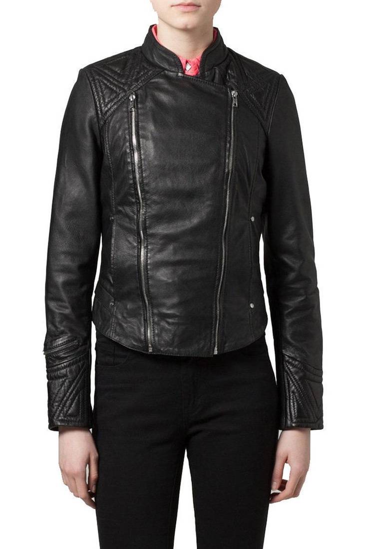 Womens genuine lambskin black leather motorcycle slim fit ladies biker jacket-c63