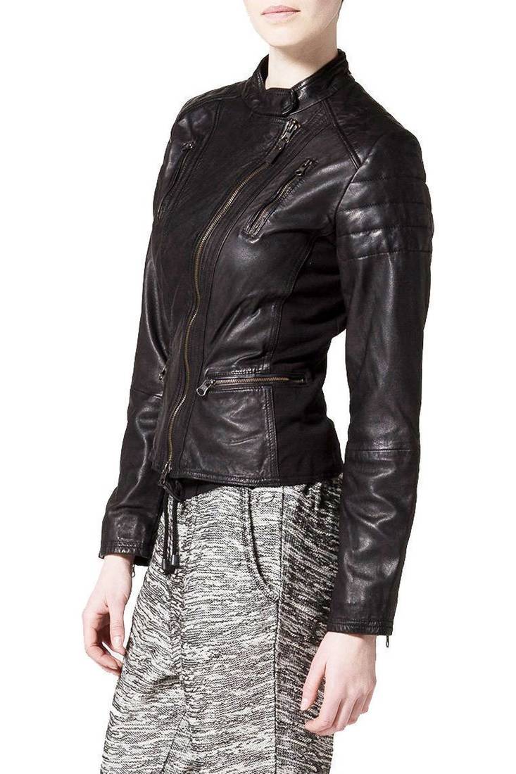 Womens genuine lambskin black leather motorcycle slim fit ladies biker jacket-c65